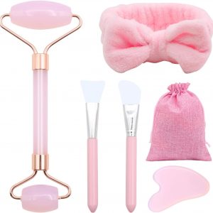 Face Roller Gua Sha Set, Pink Jade Roller for Women, Gua Sha Stone Massage Tool for Skincare, Facial, Neck and Body Muscle Relaxing