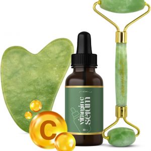 Jade Roller and Gua Sha Set with Vitamin C Serum